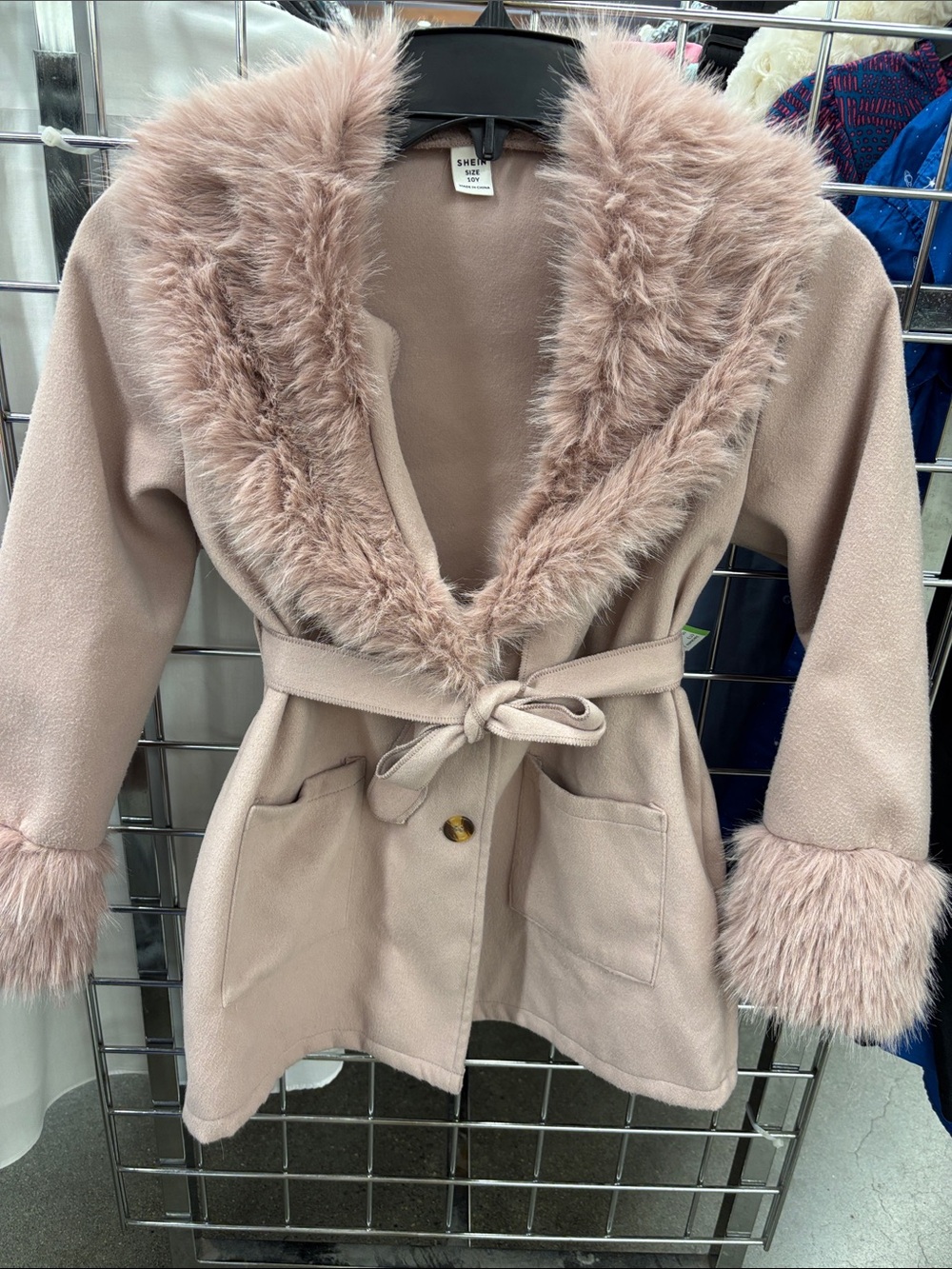 SHEIN Blush Faux Fur Trim Belted Trench Coat - Picture 1 of 4